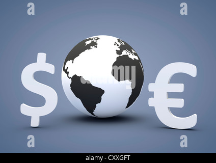 Globus neben einem Dollarzeichen und ein Euro-Zeichen, 3D illustration Stockfoto
