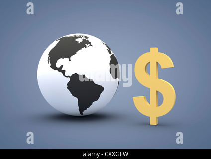 Globus mit Nordamerika und Südamerika neben ein Dollarzeichen, 3D illustration Stockfoto