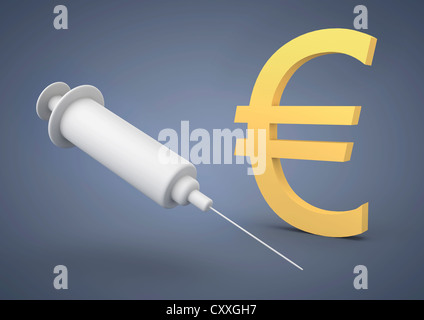 Spritze mit einem Euro-Symbol, symbolisches Bild für die Kosten für das Gesundheitssystem, Krankenversicherung, 3D illustration Stockfoto