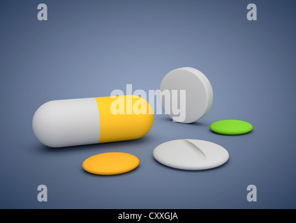 Tabletten, Medikamente, symbolisches Bild für Gesundheitswesen, Medizin, 3D illustration Stockfoto