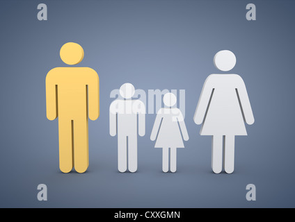 Familie mit zwei Kindern, symbolisches Bild für alleinigen Lohnempfänger verheiratet Paare Steuer aufteilen, 3D illustration Stockfoto