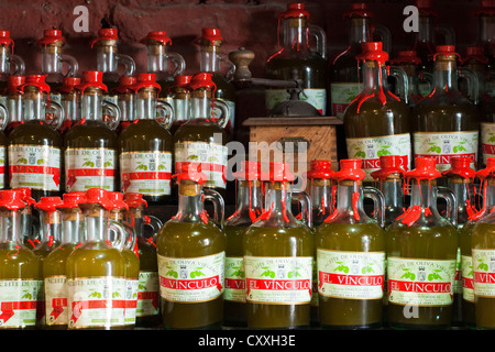 Olivenöl-Fabrik, Regal mit Produkten, Zahara De La Sierra, Andalusien, Spanien, Europa Stockfoto
