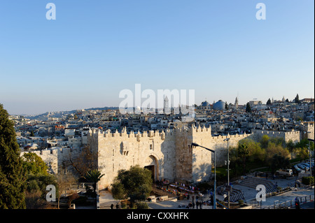 Damaskus-Tor mit Stadt Wände, Altstadt, Jerusalem, von Paulus Gast Haus, Israel, Nahost Stockfoto