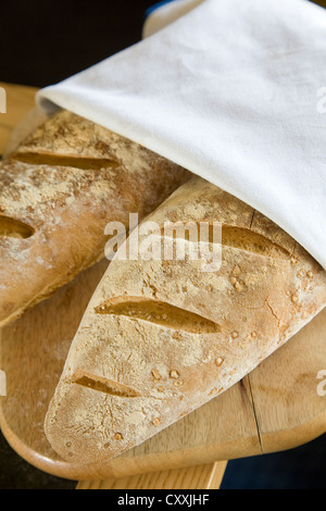 Frisch gebackene Brote teilweise eingehüllt in weiße Serviette ruht auf Holzbrett Stockfoto