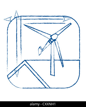 Kleine Windkraftanlage auf einem Dach, technische Zeichnung, illustration Stockfoto