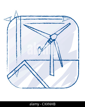 Kleine Windkraftanlage auf einem Dach, technische Zeichnung, illustration Stockfoto