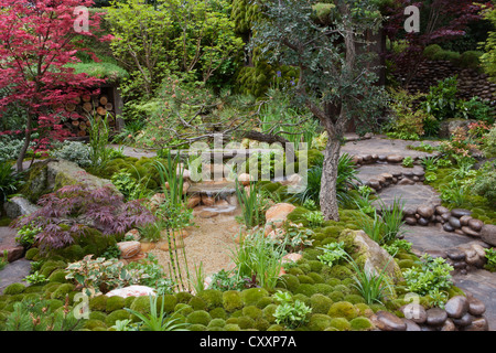 Ein kleiner japanischer Zen-Garten mit Wasser, einem kleinen Teich mit Wasserfall und acer-Palmatumbäumen - moosbedeckten Steinen - gepflasterter gepflasterter Pflasterpfad Großbritannien Stockfoto