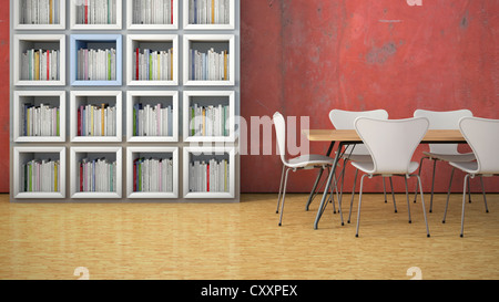 Wohnzimmer mit Esstisch, Stühlen, Regal, Eiche Parkett vor einer roten Metall Wand, 3D illustration Stockfoto