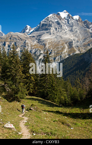 Wanderer auf einen Weg, den Gipfel des Mt Jungfrau an der Rückseite, Muerren, Berner Oberland, Schweiz, Europa Stockfoto