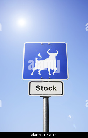 Straßenschild, Piktogramm eines Stiers, beschriftete Lager, symbolisches Bild für steigende Aktienkurse Stockfoto