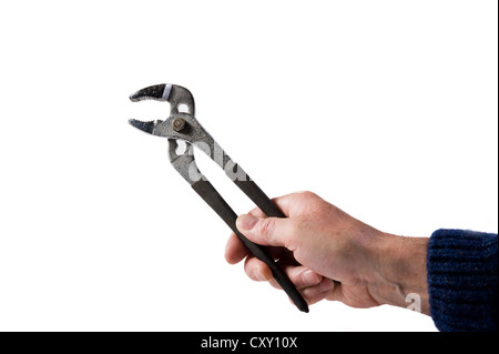 Hand hält ein paar Wasser Pumpe Zangen. Stockfoto