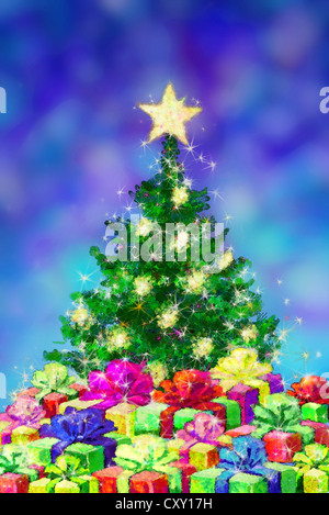 Weihnachtsbaum mit vielen Weihnachten präsentiert, Abbildung Stockfoto