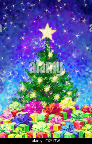 Weihnachtsbaum mit vielen Weihnachten präsentiert, Abbildung Stockfoto