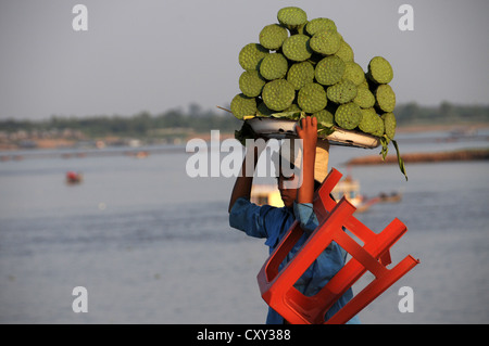 Mädchen verkaufen Lotus Hülsen am Ufer des Mekong Fluss, Phnom Penh, Kambodscha, Asien Stockfoto