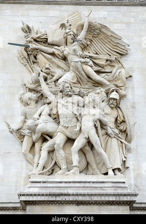 Arc de Triomphe, Nahaufnahme des Schnitzwerks auf der Vorderseite des Arc de Triomphe in Paris, Frankreich Stockfoto