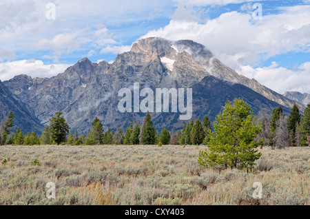 Blick auf Mount Moran aus den Teton Park Road, Grand-Teton-Nationalpark, Wyoming, USA Stockfoto