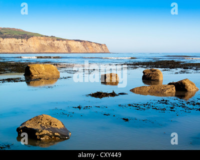 Der Strand von Boggle Loch in North Yorkshire England UK Blick nach Norden in Richtung der Klippen von Robin Hoods Bay Stockfoto