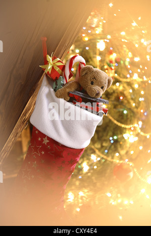 Santa Claus oder Weihnachts-Strumpf voller Weihnachtsgeschenke, Weihnachtsbaum Stockfoto