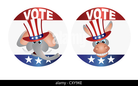 Stimmen Sie republikanische Elefant und Demokrat Esel mit Uncle Sam Hat Tasten Illustration Stockfoto