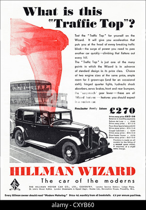 Original der 1930er Jahre Vintage Printwerbung aus englischen Verbraucher Zeitschriftenwerbung Hillman Assistenten Limousine Stockfoto