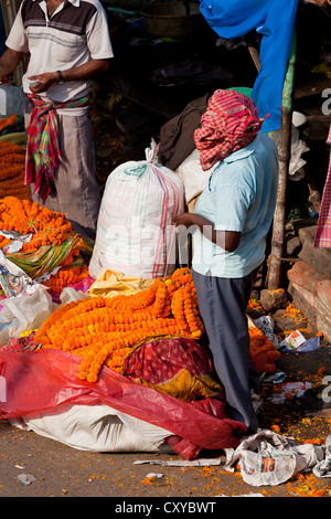 Landschaft auf dem Blumenmarkt Malik Ghat in Kolkata, Indien Stockfoto