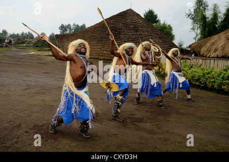 Traditionelle Tänzer während einer Folklore-Veranstaltung in einem Dorf der ehemaligen Jäger in der Nähe von Dorf Kinigi am Rande der Stockfoto