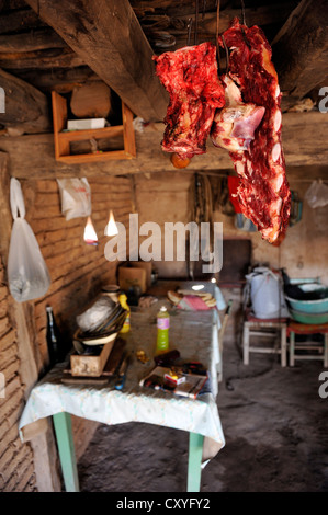 Ziegenfleisch ist hingen von der Decke einer einfachen Küche von einem Bauernhof, Gran Chaco, Santiago del Estero Argentinien trocknen Stockfoto