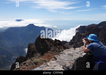 Blick vom Roque de Los Muchachos, Caldera de Taburiente National Park, La Palma, Kanarische Inseln, Spanien, Europa Stockfoto