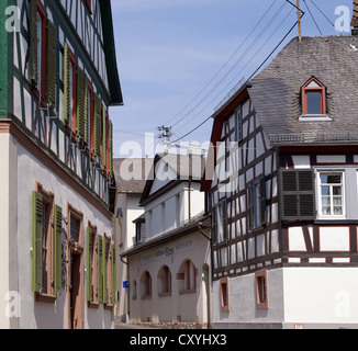 Fachwerkhäuser in der Rebe Dorf von Hattenheim, Rheingau-Region, Hessen Stockfoto