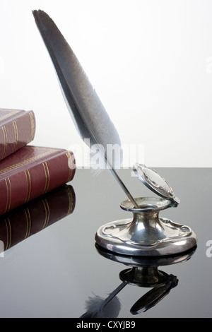 Antike Federkiel in einem silbernen Tintenfass mit alten Büchern und Reflexion Stockfoto