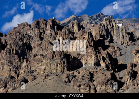 Schroffe Bergwelt im Dhankar, Spiti Valley, Lahaul und Spiti Bezirk, indischen Himalaya, Himachal Pradesh, Nordindien Stockfoto