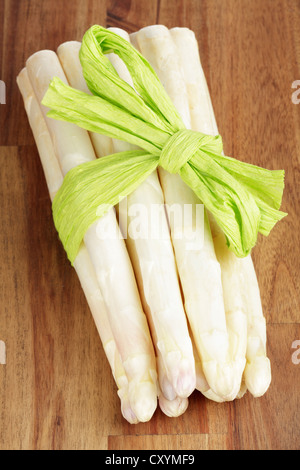 Frische ungeschälten weißen Spargel, mit einem grünen Band umwickelt Stockfoto