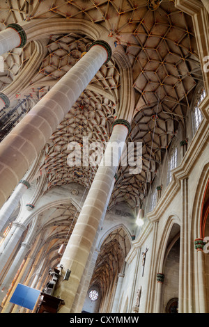 Gotische Kirche, Heilig-Kreuz-Münster oder Münster des Heiligen Kreuzes, gewölbte Decke im ambulanten, Schwaebisch Gmuend Stockfoto