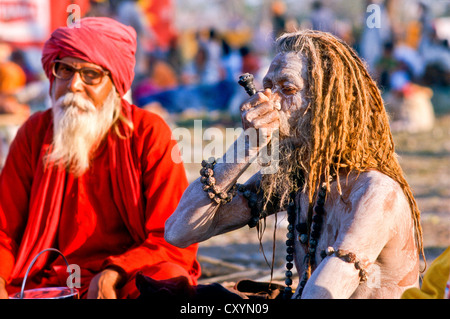 Sadhu, heiliger Mann, Rauchen Marihuana während Kumbh Mela oder Kumbha Mela, Haridwar, Indien, Asien Stockfoto