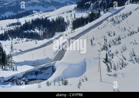PKW und Bus kommen und gehen zum Skigebiet Mount Washington, Comox Valley, Vancouver Island, British Columbia, Kanada Stockfoto