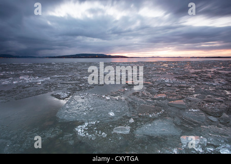 Eisschollen auf dem Bodensee im Abendlicht auf Sandseele, Insel Reichenau, Baden-Württemberg, PublicGround Stockfoto