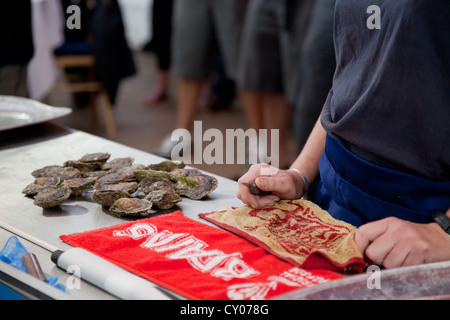 Veuve Clicquot Auster dem Wettbewerb auf dem Falmouth Oyster Festival entfernen. 15. Oktober 2011. Stockfoto