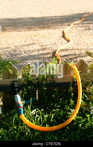 Garten Bewässerung Schlauch und Zaun Stockfoto