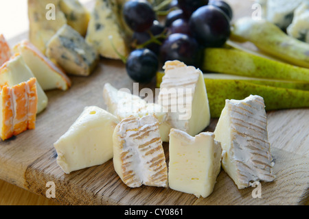 eingestellt von Käse mit Schimmel auf einem Holzbrett mit Trauben und Birnen Stockfoto