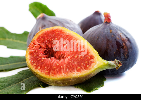 schwarze Feigen und Blatt vor weißem Hintergrund Stockfoto