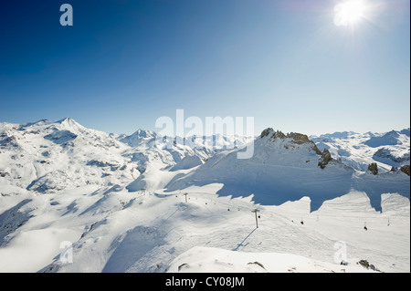 Verschneite Berglandschaft, Tignes, Val d ' Isère, Savoie, Alpen, Frankreich Stockfoto