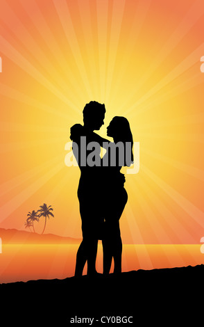 Vector Silhouetten von romantisch zu zweit in einem warmen Strand umarmen. Stockfoto