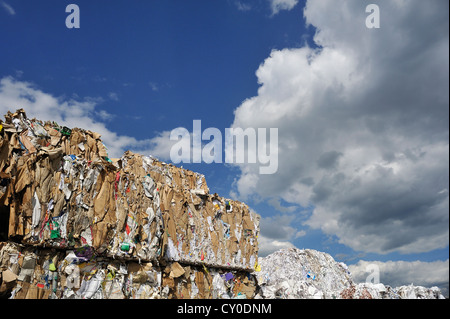 Gepresste und gestapelten Altpapier hinter der Wand ein recycling-Unternehmen, Bamberg, Franken, Oberbayern Stockfoto