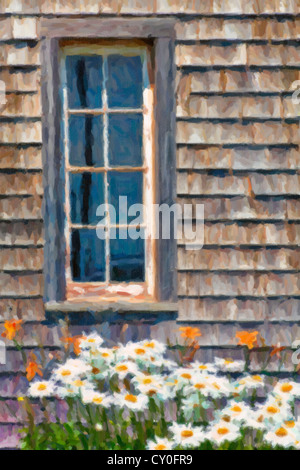 Gänseblümchen und Taglilien vor einem rustikalen Scheune-Fenster. Stockfoto