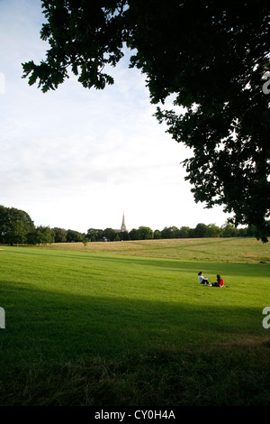 Blick über Brockwell Park, Kirche der Heiligen Dreifaltigkeit, Tulse Hill, London, UK Stockfoto