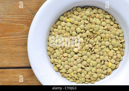 Rohe trockene Linsen Bohnen in Schüssel weiß; Fokus auf Linsen Stockfoto