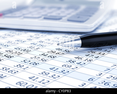 Betriebswirtschaftlicher Hintergrund, Markt-Analyse-Konzept mit Finanzdaten, Stift und Taschenrechner Stockfoto