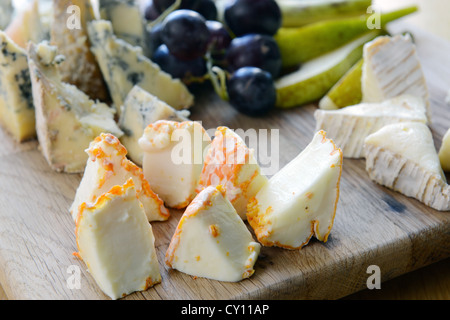 eingestellt von Käse mit Schimmel auf einem Holzbrett mit Trauben und Birnen Stockfoto