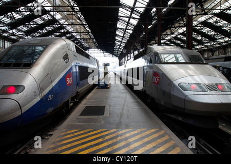 Zwei französischen Hochgeschwindigkeitszügen (SCNF TGV) im Bahnhof Gare de Lyon in Paris, Frankreich Stockfoto