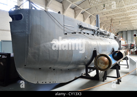 HMS Stichling X51 Kleinst-u-Boot von der Royal Navy während des l950s verwendet. Hier zu sehen, heute im Imperial War Museum Duxford Stockfoto